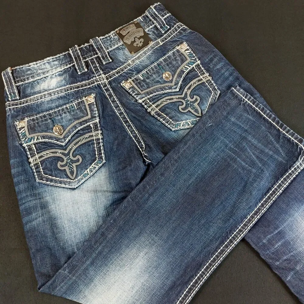 Rock Revival Dennis Relaxed Straight Jeans Men's 31x30 (Fit 33x32) Whiskered